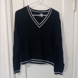 Divided Black and White V-Neck Sweater with Striped Trim